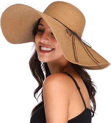 China Women's Sun Straw Hat Wide Brim Summer Striped Hat Roll Up Beach Foldable Floppy Hats for sale