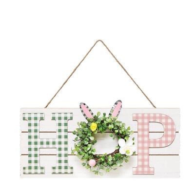 China 2022 Wooden Bunny Woven Garland Wall Hanging Decorations Wooden Easter Sign Hanging Rabbit Sign for Farmhouse Room Kitchen for sale