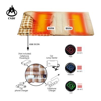 China USB Graphene Thermal Heating Wrap Type Multi Power Support Self-Heating Heated Warm Comfortable Canvas Down Sleeping Bag W/P for sale