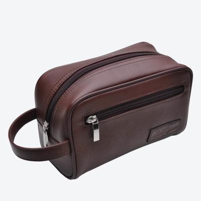 China Normcore / Minimalist Design Popular Brown Bag Zipper Makeup Bag Leather Cosmetic Wash Bag for sale