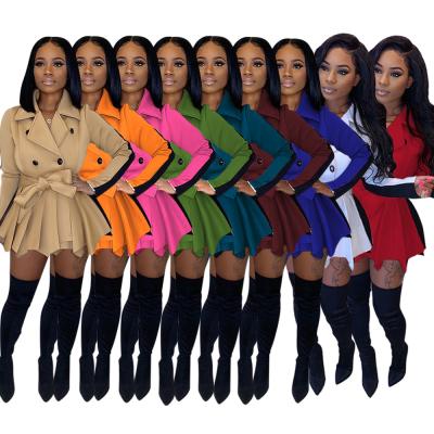 China Breathable Women's Long Sleeve Breasted Lapel Color Contrast Thickened Tight Pleated Skirt Dress for sale