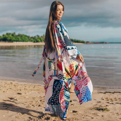 China Breathable Comfortable Long Kimono Cardigan Beach Japanese Style Spandex Swimwear Cover Up Pull String for sale