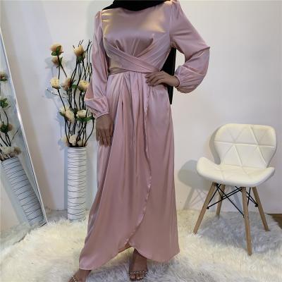 China Abaya Muslim Dress in Dubai Islamic Clothing for Women Modest Fashion Tie Belt Satin Dress S-2XL for sale