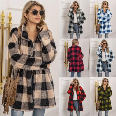 China NEW Design Breathable Fleece Coat Long Winter Women Casual Plaid Pattern Women Shear Outerwear Coat for sale