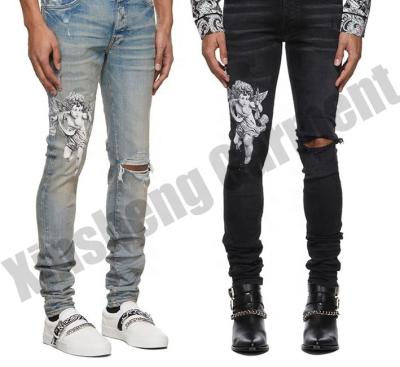 China Wholesale popular QUICK DRY embroidery jeans stitching slim fit custom made denim breaking fashion skinny denim jeans men for sale