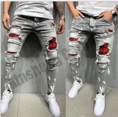 China Popular men's slim fit custom label men's hole patch jeans wholesale men's stitched skinny ripped unbranded biker jeans QUICK DRY patch jeans for sale