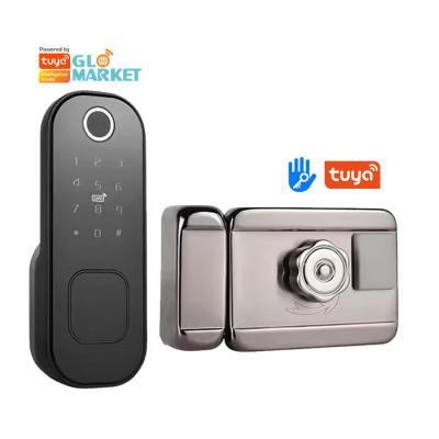 China Glomarket Smart Home Wasserdichtes Smart Electric Rim Lock mit Tuya APP Steuerung WIFI Außentor Tür Fingerabdruck Smart Lock zu verkaufen