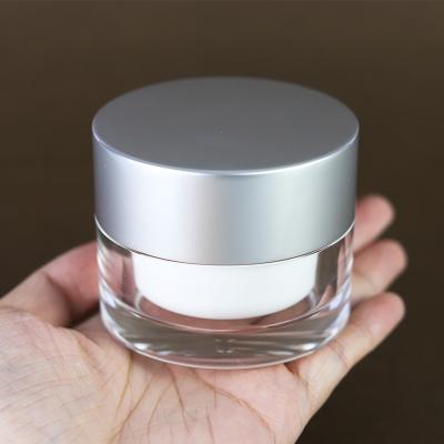 China 2oz 50g Cosmetic Free Sample Round Acrylic Cosmetic Jar Sliver Aluminum Lids Frosted Empty Face Cream Jar for sale