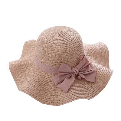 China Character 2021 summer hot sale girls wide brim bowknot decoration pleated brim beach straw hat for sale