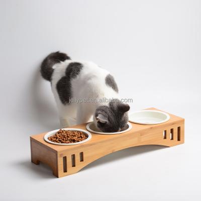 China Viable Bamboo Wooden Cute Fishtail Young Cats Food Ceramic Bowl Cat Rice Bowls for sale