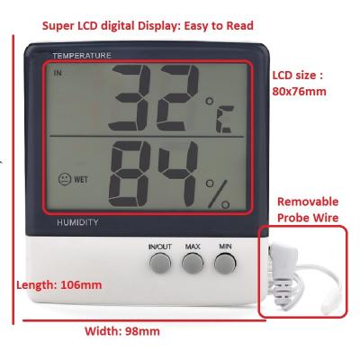 China Free Shipping ABS Digital Thermometer Indoor Outdoor Wall Mounted LCD Hygrometer Probe Electronic Minimum Maximum Temperature Humidity Meter for sale