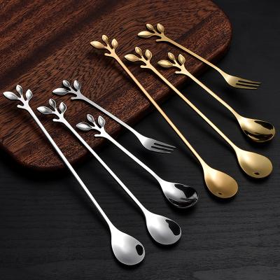 China Tableware Viable Decoration Accessories Kitchen Creative Branch Leaves Coffee Honey Dessert Mixing Stainless Steel Spoon for sale