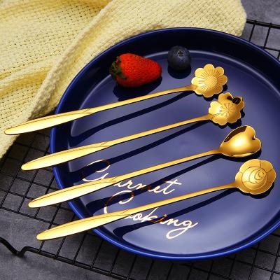 China Stainless Steel Vintage Mixing Tea Spoons Gold Handle Dessert Coffee Tea Long Spoons Drink Tableware Flowers Design Dessert Spoon for sale