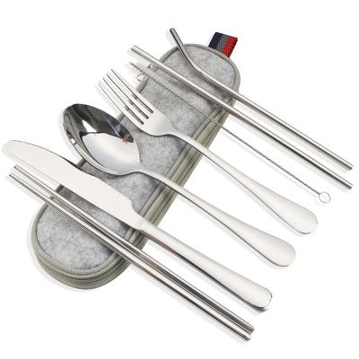 China Portable Stainless Steel Travel Cutlery Sustainable Reusable Utensils Dinnerware Set with Spoon Straw Chopsticks Brush Faltware Knife Fork for sale