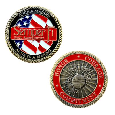 China Europe Rope Shape Edge Metal Antique Gold Enamel Soft Metal Honor Coin For Marine Corps for sale