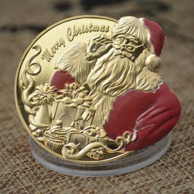 China Gold Silver Color Plated Metal Santa Claus Gift Box Europe Souvenir 3D Coins For Merry Christmas for sale