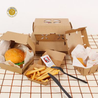 China Disposable Food Grade Printed Eco-Friendly Folding Take-Out Hamburger Box Fast Food Box Hamburger Box Kraft Paper Material With Holes for sale