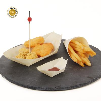 China Hot Selling Wooden Food Boat Tray for Food Compostable Wooden Cone and Bamboo Skewers Wholesale for sale