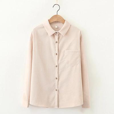 China Breathable Ladies Shirt Vintage Clothes, Long Sleeve Turn-Down Collar Casual Loose Fashion Tops Women Solid Color Corduroy Shirt for sale