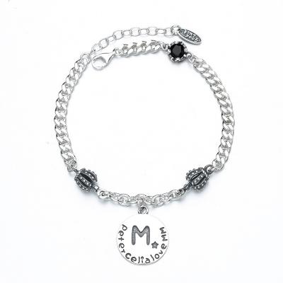 China Luxury Alphabet Bracelet Black Zircon Vintage Round Crown S925 Sterling Silver Adjustable Bracelet Ornament For Men And Women for sale