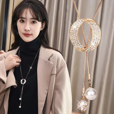 China Fashion Charm Oval Zircon Pearl Jewelry Hop Jewelry Women's Simple Sweater Necklace Accessories Long Chain Pendant for sale