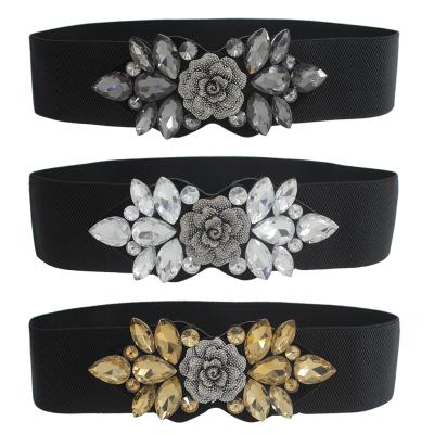 China Sparkly Stertch Amazon Women's Crystal Elastic Waist Wide Waistband Floral Rhinestone Sash Dress Belts For Ladies Running Sale for sale