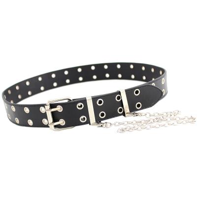 China Full metal eyelet hip hop double grommet belt leather punk waistbands with chain for women jeans dresses for sale