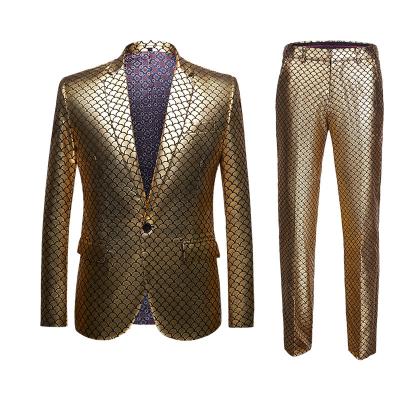 China Gold Fish Scale Flower Gold Fish Scale Suit Men's Suit Luxury 2 Piece Host Performance Dress Pants Washable Party Wedding for sale