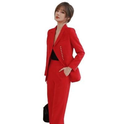 China Anti-Wrinkle 2 Pieces Blazer Pants Buttons Ladies Business Dress Red Color Sexy Women Suits for sale