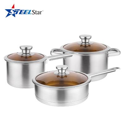 China Hot Selling Viable 6 Piece Cookware Sets Stainless Steel 6 Mulit Size Pot Set With Cranberry Glass Cover for sale