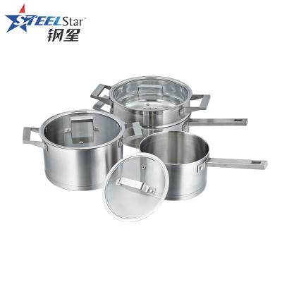 China Sustainable universal #201/304 stainless steel cookware pot set with tempered glass lids for sale