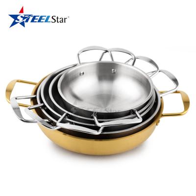 China Stainless Steel Pot Paella Sustainable Cooking Pan Around Kitchen Restaurant Seafood Double Pasta Revited Spanish Paella Supply Pan for sale