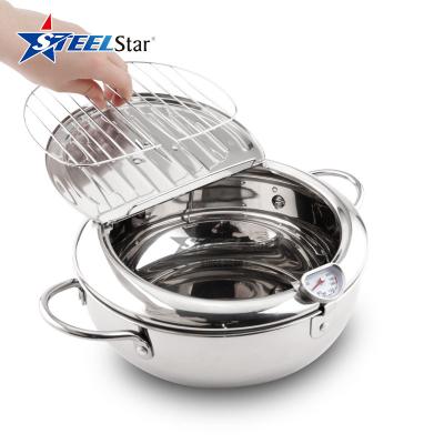 China Sustainable Multifunctional Japanese Style Kitchen Tempura Round Stainless Steel Fryer Pan With A Thermometer for sale