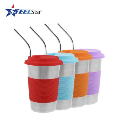 China Modern 10oz Stainless Steel Mugs With Different Colors Silicone Sleeve For Kids Drinking Cups With Straws for sale