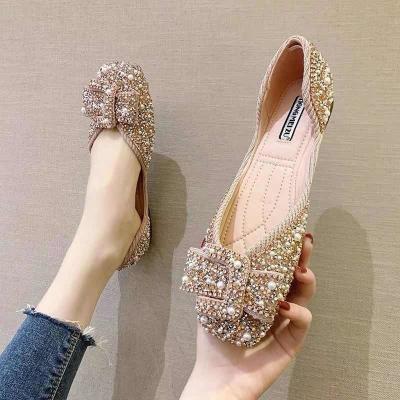 China Flat Single Shoes 2021 spring and mouth pearl summer new rhinestone soft unique polka dot shoes women shallow flat single shoes for sale