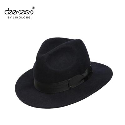 China Men's Wide COMMON Fedora Wool Felt Hat Black Brim Winter for sale