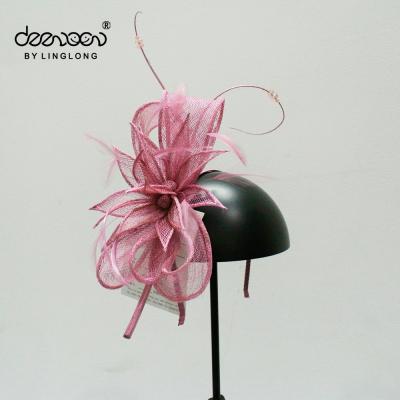 China Character feather fascinators hair clip sinamay hat with mauve stylish accessories for sale