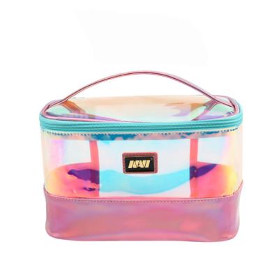 China Factory Large Capacity OEM Rainbow Laser Travel Cosmetic Bag PVC TPU Holographic Cosmetic Toiletry Bag With Logo Handle For Women Cat for sale