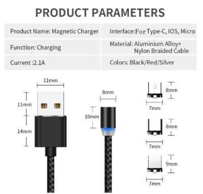 China Mobile Phone Color 3 In 1 LED Light Nylong Braided Magnetic Type C USB Micro Charging Cable for sale