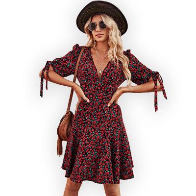 China HANNI Brand Clothing Woman Cheap Anti-wrinkle Dress Sexy Black Deep V Red Short Sheath Floral Print Chiffon Summer Casual Dress for sale