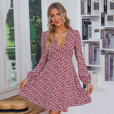 China Wholesale Women's Dresses Autumn City Wear Long Sleeve Daily Commuter Women's Anti-Static Sexy Deep Red Floral Printing Casual Dress for sale