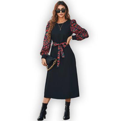 China Hanni New Arrival Anti-Static Fancy Maxi Dresses Fashion Long Black Dress Casual Women Floral Print Sleeves Midi Dress for sale