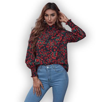 China Cheap Floral Chiffon Shirt Women's Retro Anti-pilling Polyester Blouse 2022 Spring Autumn New Print Long Sleeves Turtle Neck Shirts Tops for sale