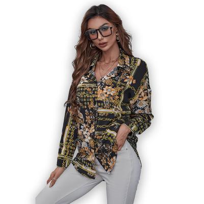 China Anti-pilling blouse 2022 fancy fashion women casual ladies long sleeves print blouse tops buttons for shirts for sale