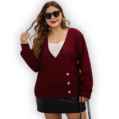 China Women's size anti-pilling fat women sweater fashion prices button v-neck top red design plus element plus size long sleeves tops sweater for sale