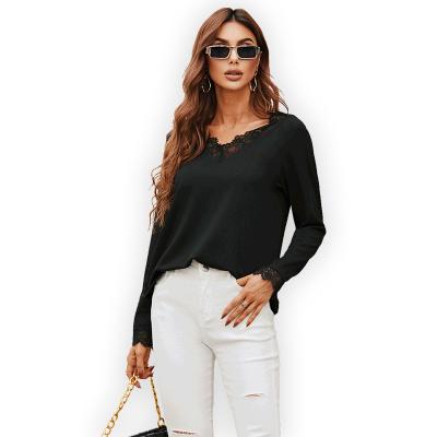 China Wholesale ladies blouse casual soft fashion clothes black shirt tops anti-pilling solid color lace trim women high quality design for sale