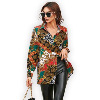 China Anti-pilling Strength foreign trade women's clothing spring autumn new long-sleeved lapel fashion printing shirt blouse women's top for sale