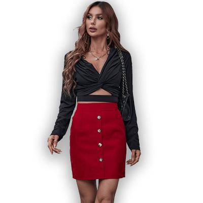 China Anti-pilling Fashion Ladies Clothing Cotton Short Skirt Red Straight Mini Skirts Button Design for sale