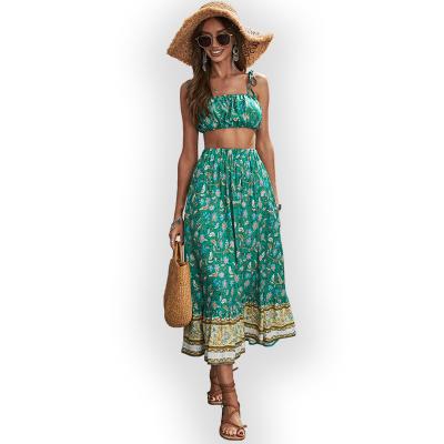 China Anti-pilling 2022 new arrivals summer two-piece sets with long dress crop top with green dress beach outfit sleeveless clothing seller for sale