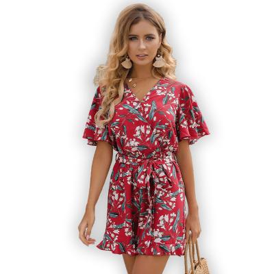 China HANNI Summer Floral Jumpsuit Women's Anti-pilling Beach Plus Size Chiffon Red One Piece Casual Short Sleeve Breathable Loose Overalls for sale